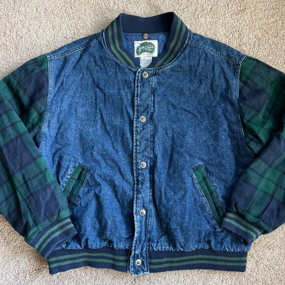 Vintage Syn Jean Co. Mens XL Denim Varsity Jacket Black Watch Tartan Plaid Coat